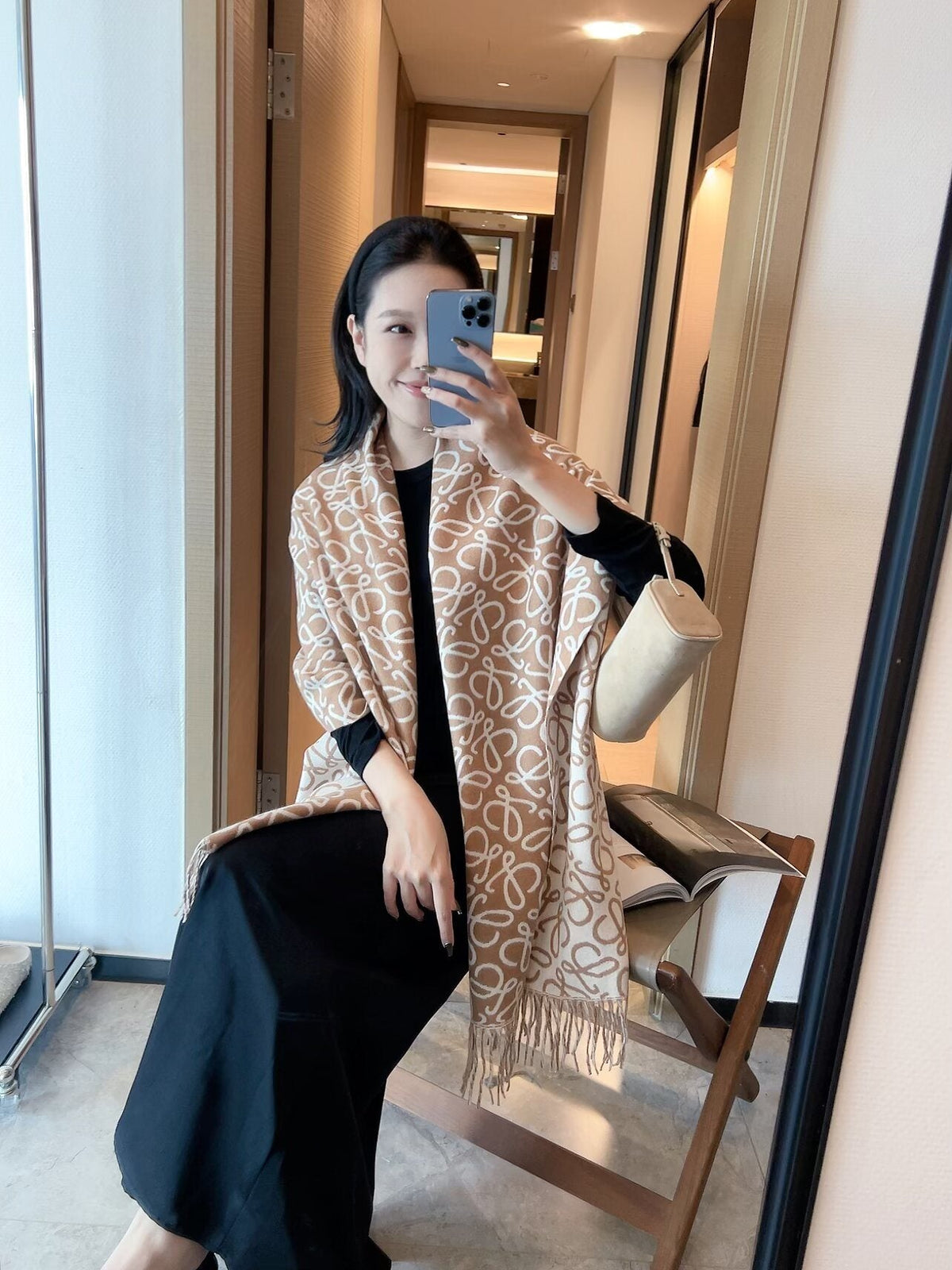 LOEWE Khaki Brown Jacquard Fringed Scarf — model