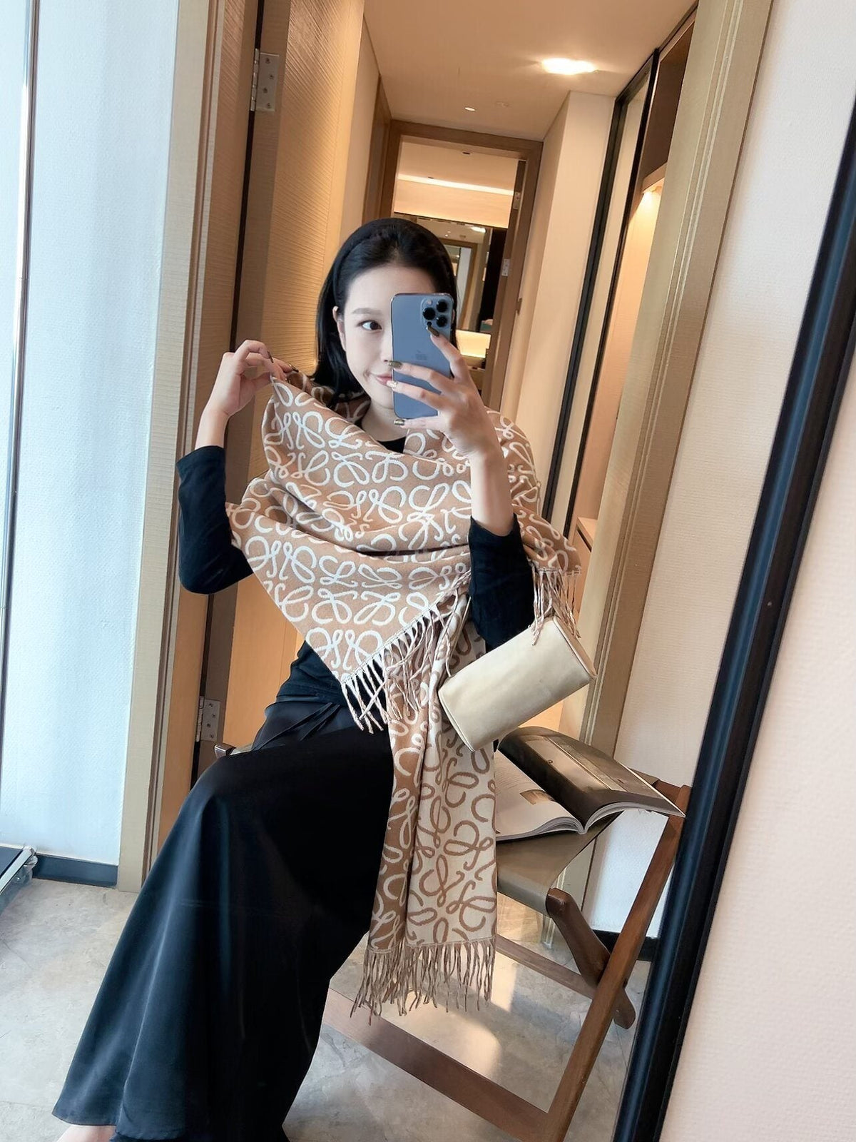 Loewe Khaki Brown Fringed Wool Scarf — model