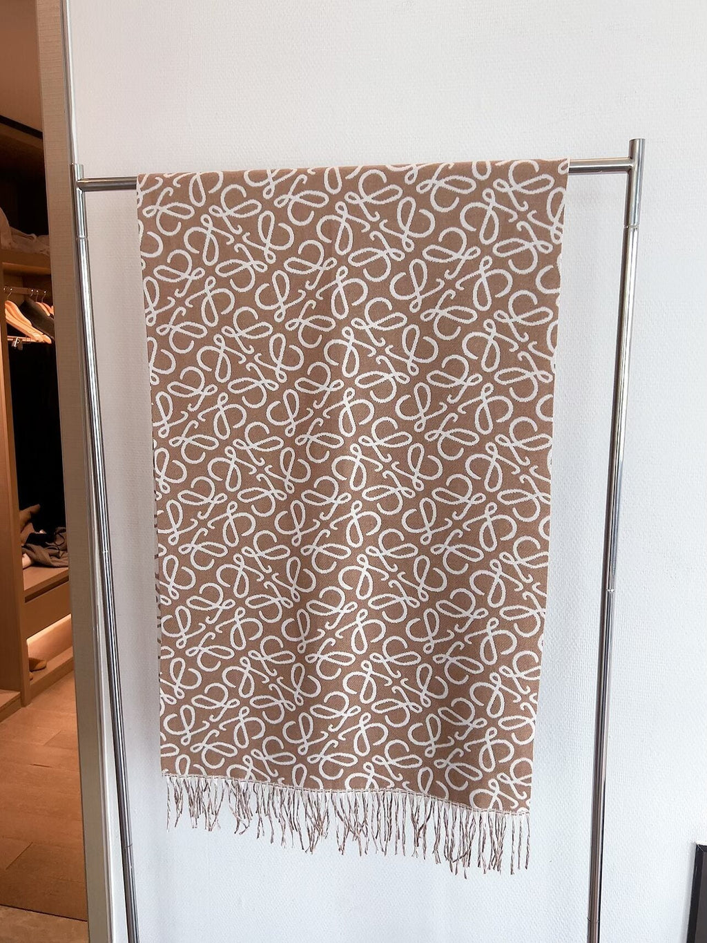 LOEWE Khaki Brown Jacquard Fringed Scarf — hero
