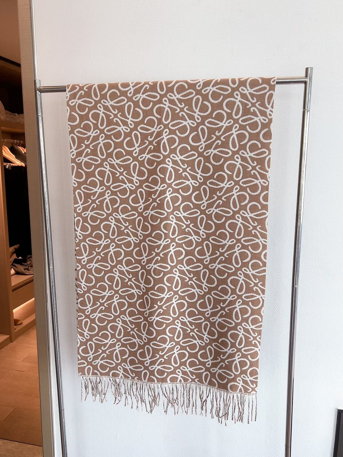 LOEWE Khaki Brown Jacquard Fringed Scarf — hero