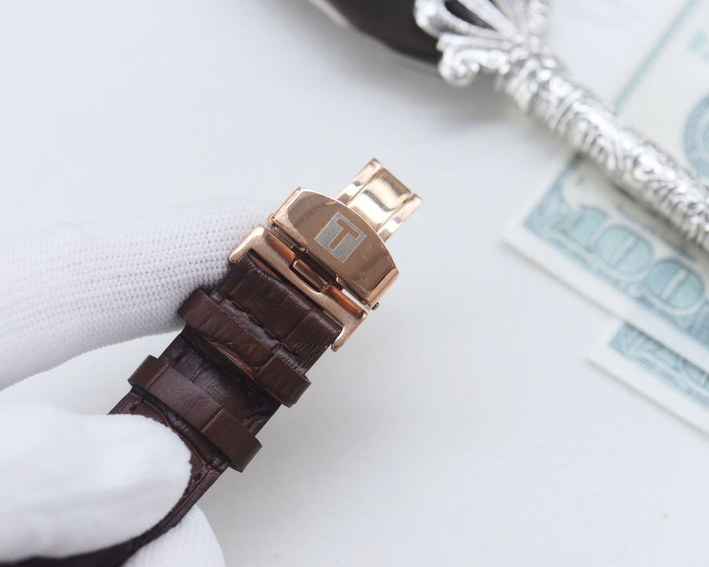 Tissot Rose Gold Brown Black Dial Strap Watch — detail