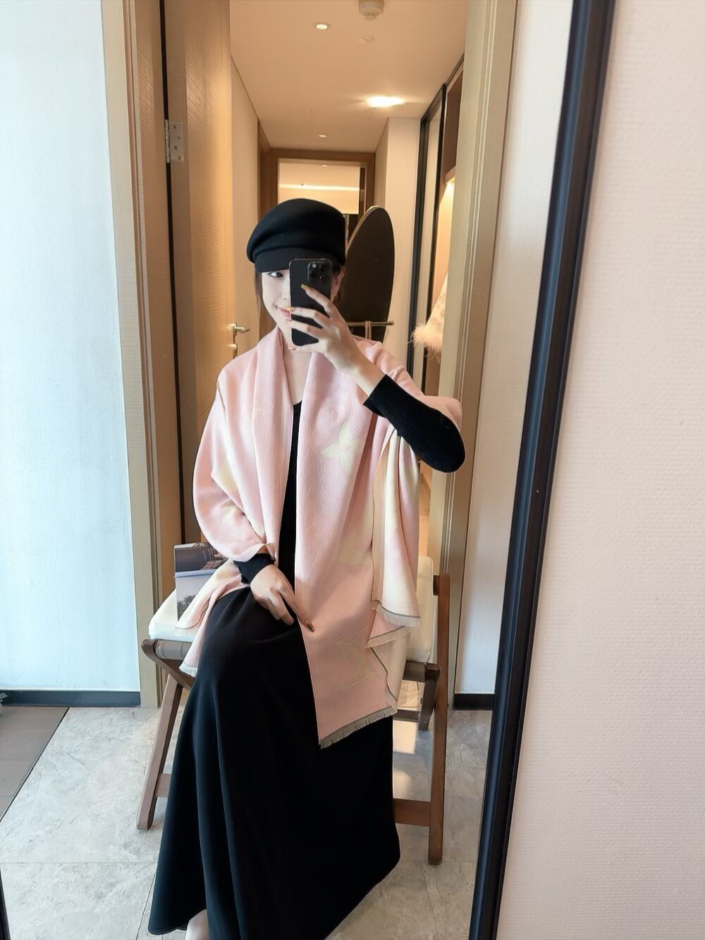 Louis Vuitton Monogram-Style Fringe Scarf — model