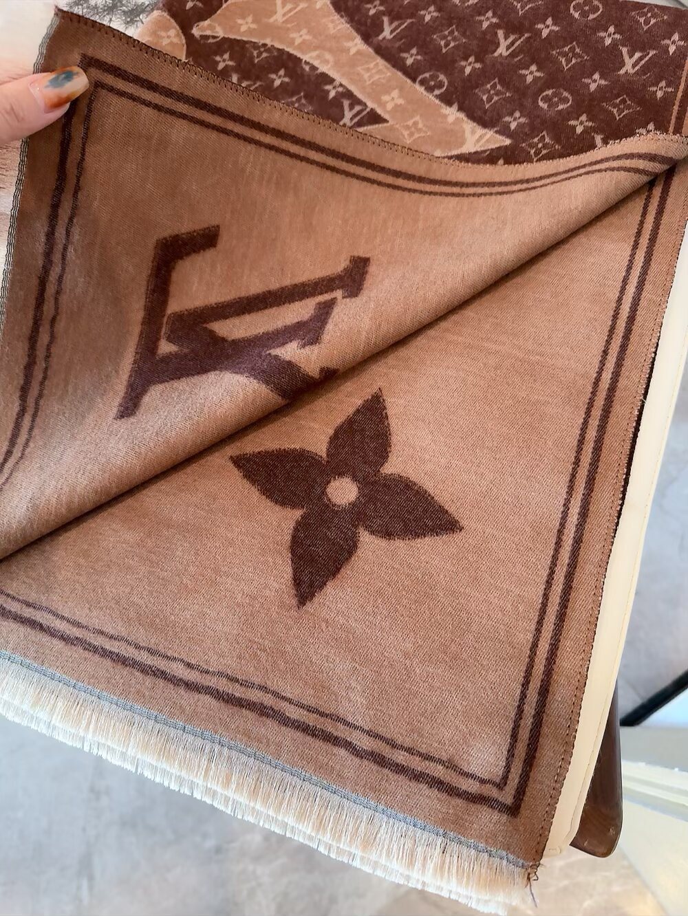 Louis Vuitton Monogram-Style Fringe Scarf — detail