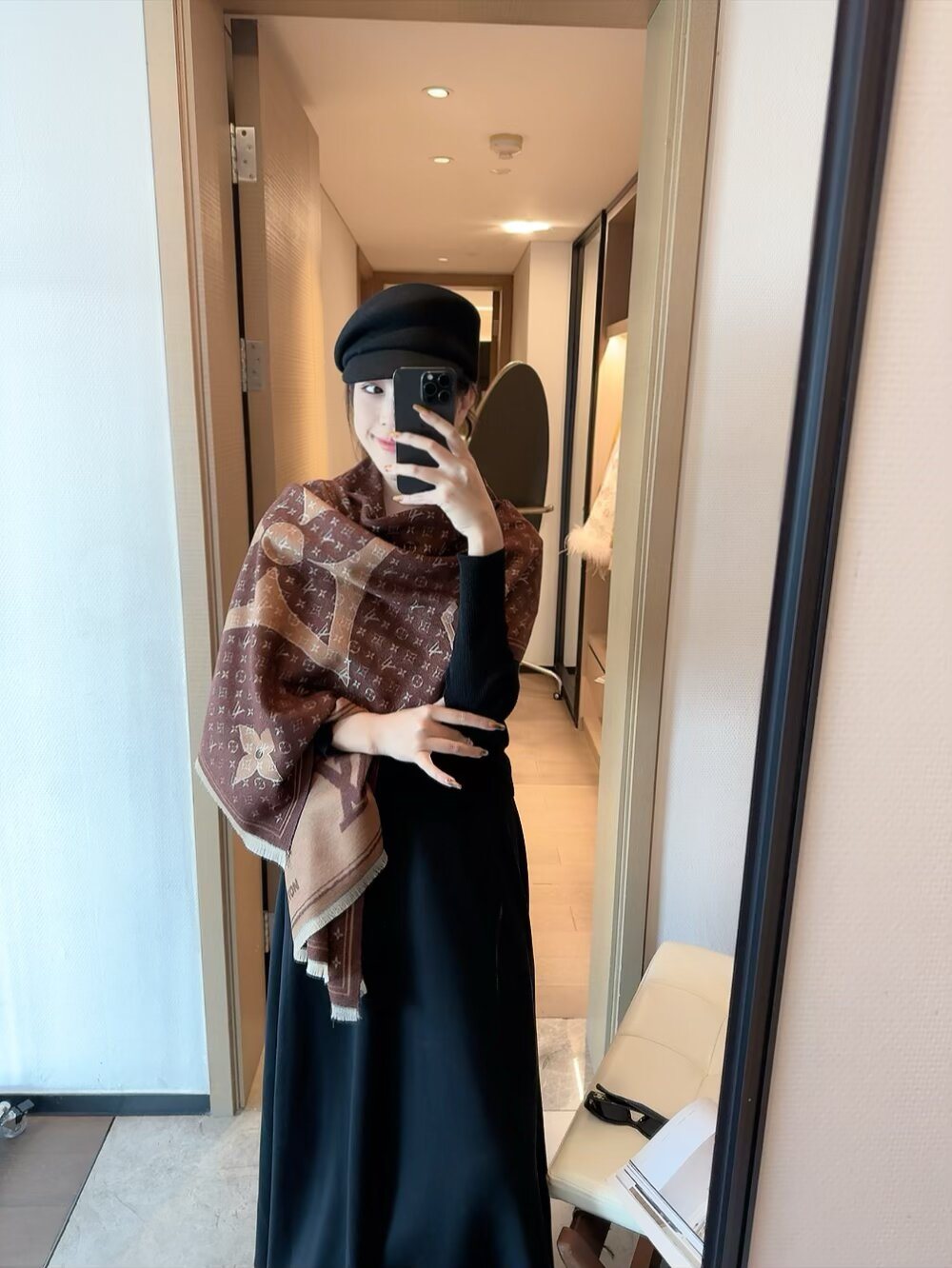 Louis Vuitton Monogram-Style Fringe Scarf — model