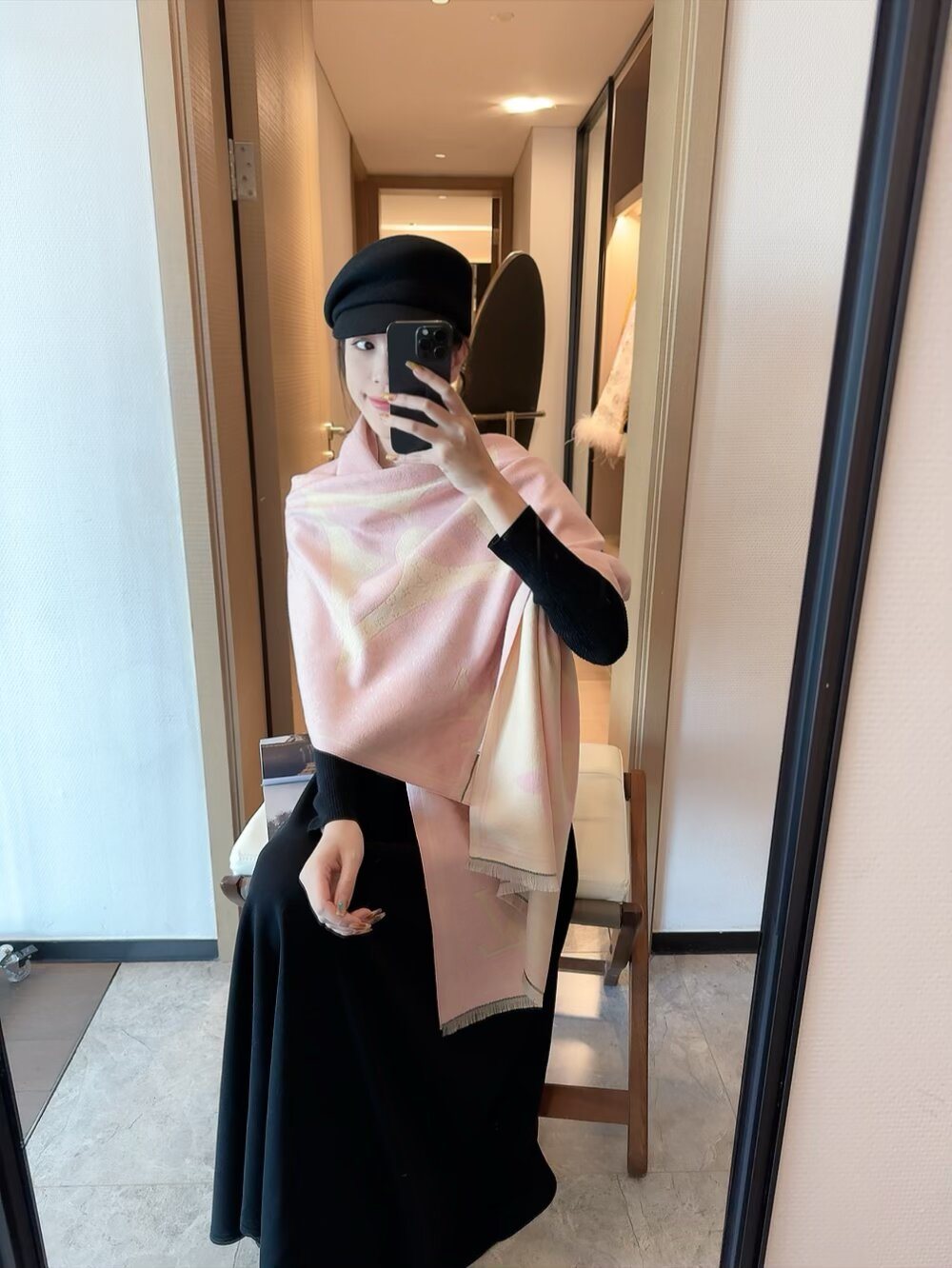 Louis Vuitton Monogram-Style Fringe Scarf — model