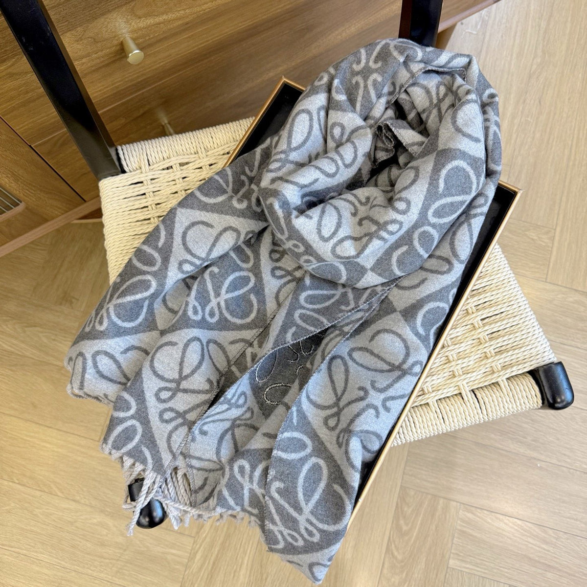 Gray and Beige Loop Pattern Fringed Knitted Scarf — front