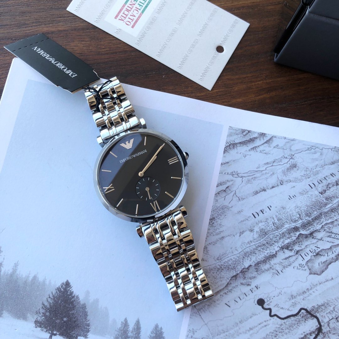 EMPORIO ARMANI Black Dial Metal-Link Watch — front