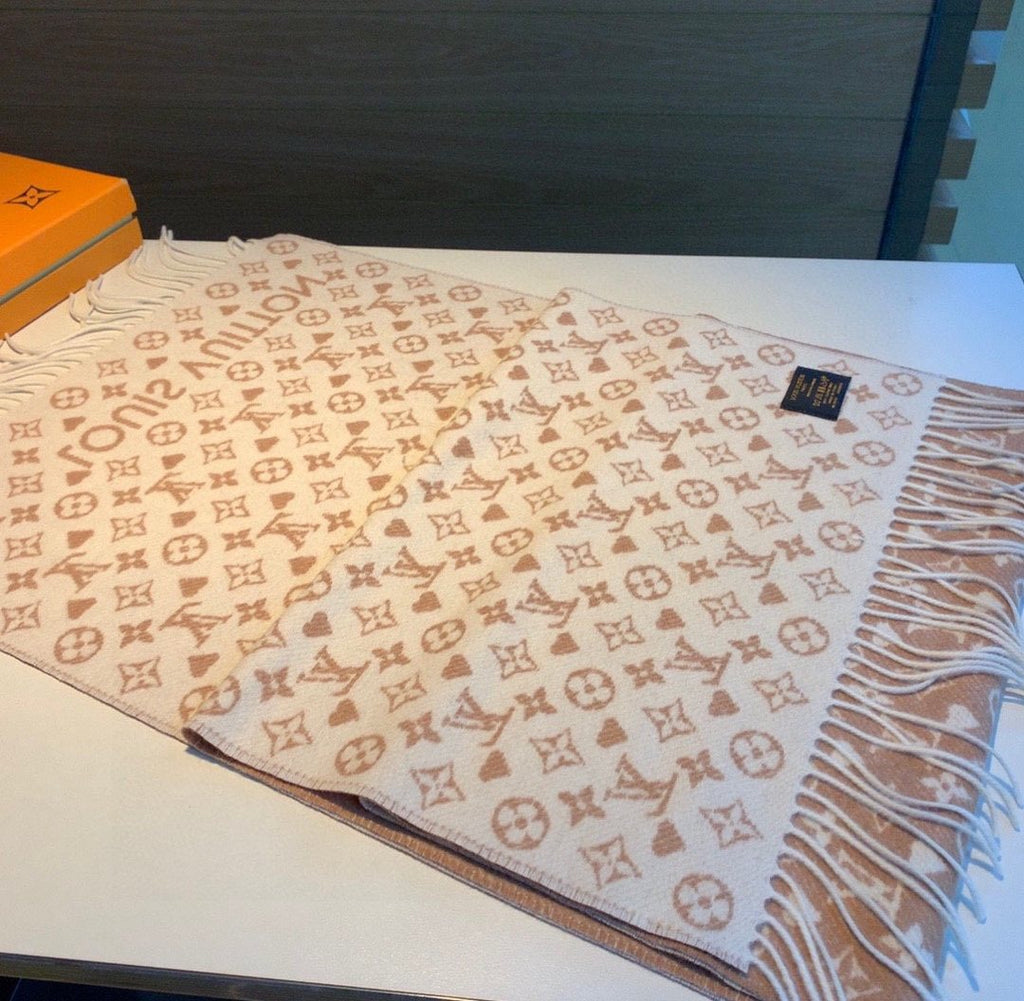 Louis Vuitton Tan and Cream Fringe Scarf — back