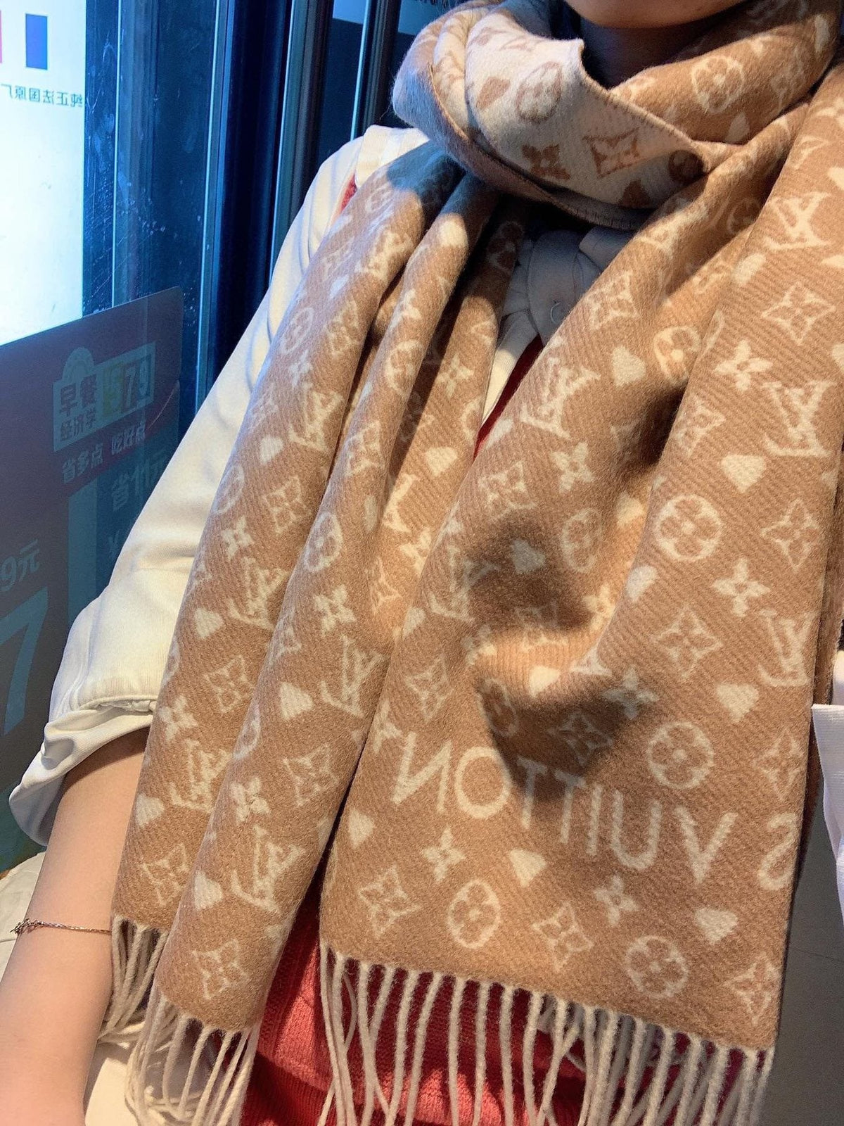 Louis Vuitton Tan and Cream Fringe Scarf — model