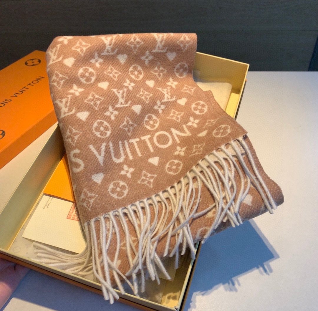 Louis Vuitton Tan and Cream Fringe Scarf — front