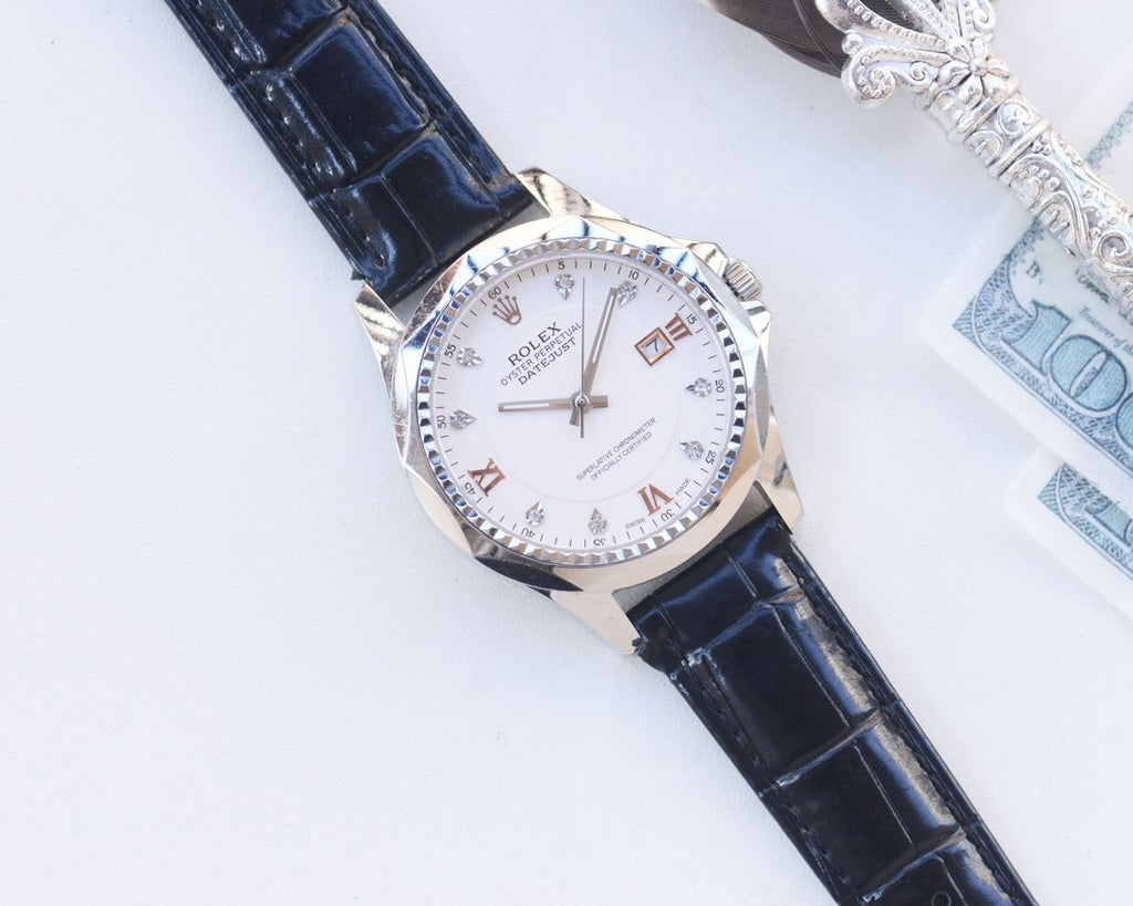 Rolex Silver Blue White Dial Strap Watch — front