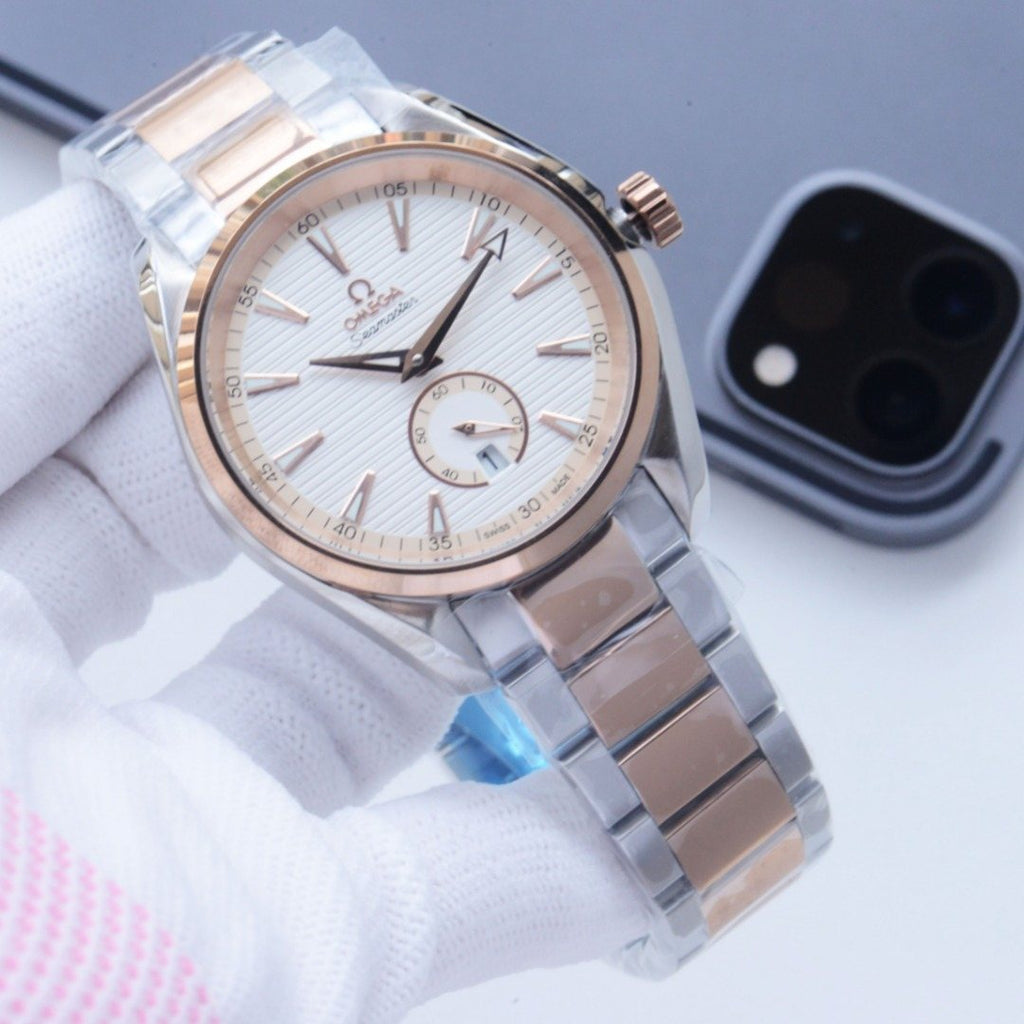 Omega Rose Gold Silver White Dial Bracelet Watch — hero