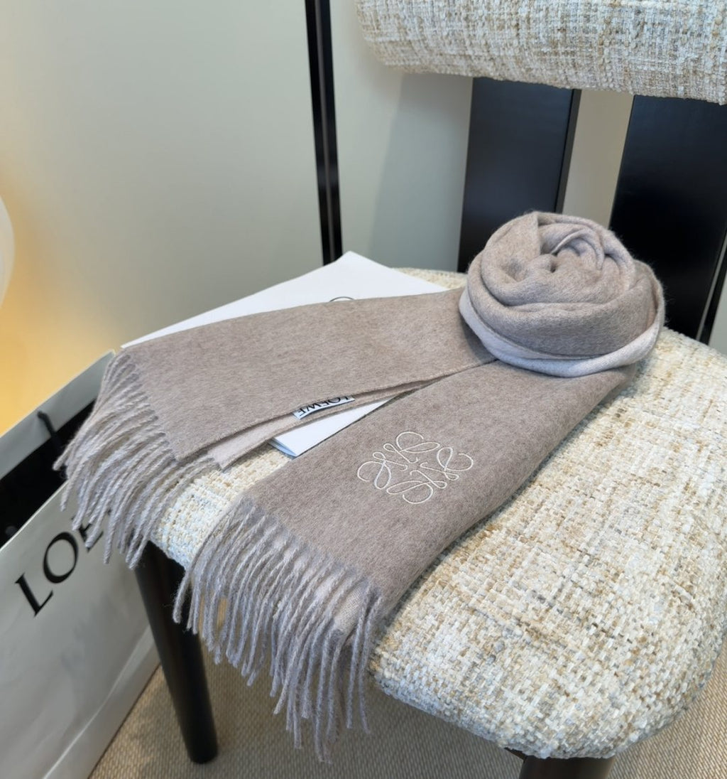 Loewe Taupe Gray Fringed Scarf — side