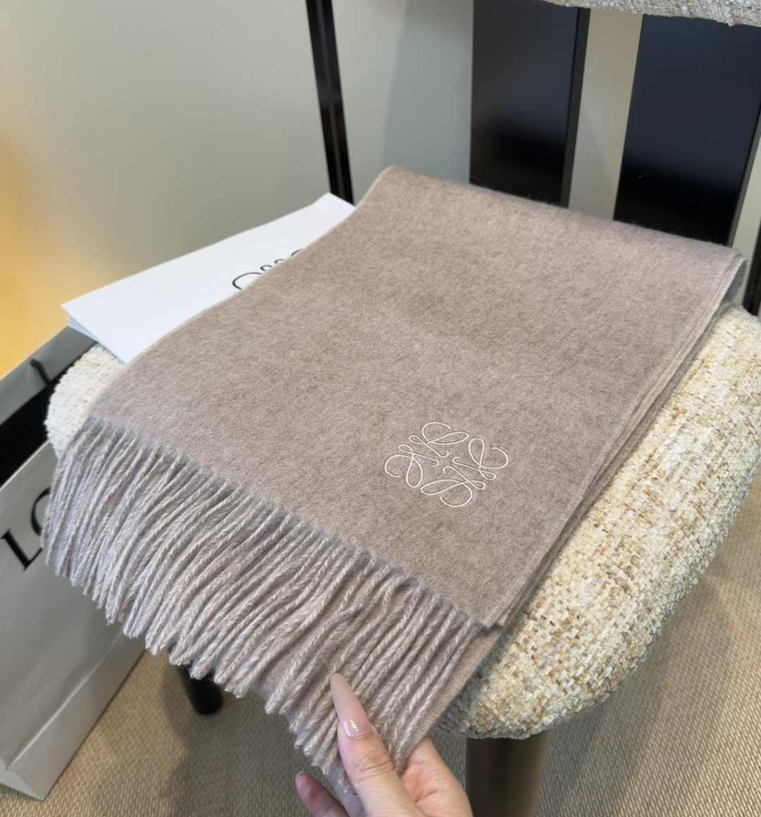 Loewe Taupe Gray Fringed Scarf — front