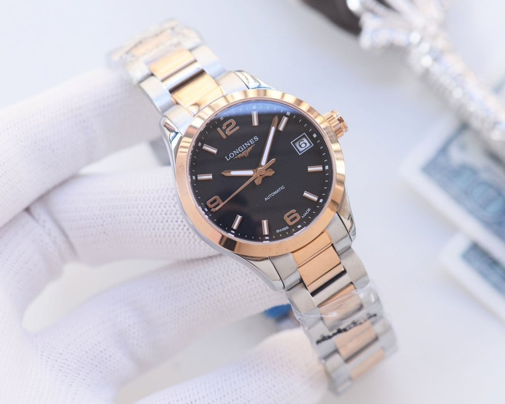 Longines Silver Rose Gold Black Dial Bracelet Watch — hero