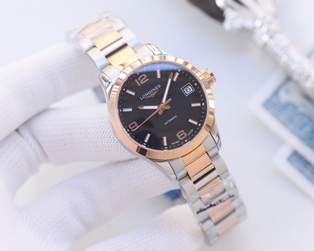 Longines Silver Rose Gold Black Dial Bracelet Watch — hero