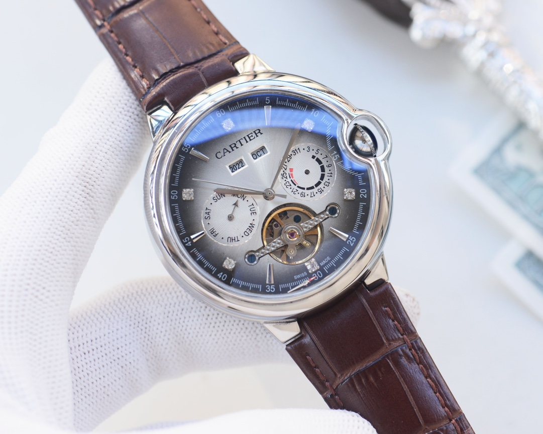 Cartier Silver Brown White Dial Leather Strap Watch — hero
