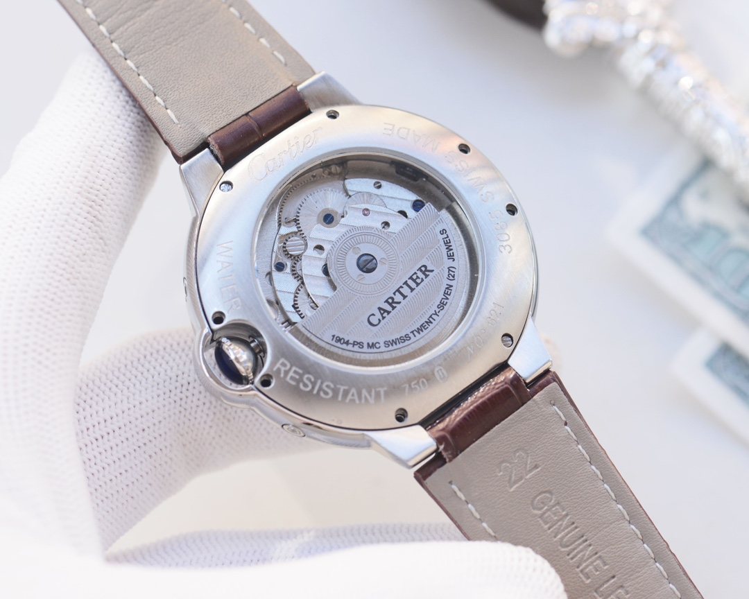 Cartier Rose Gold Brown White Dial Leather Strap Watch — back