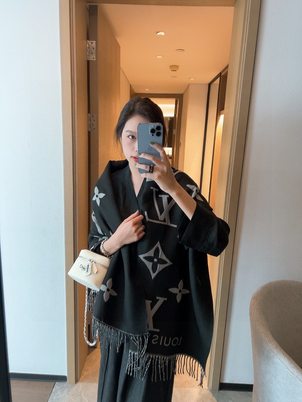 Black & Gray Floral Fringe Scarf Shawl — model