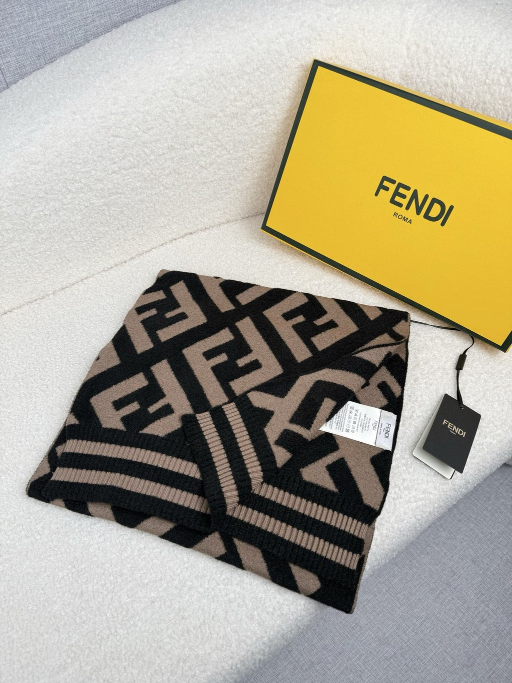 Fendi Black and Tan Monogram Knit Scarf — front