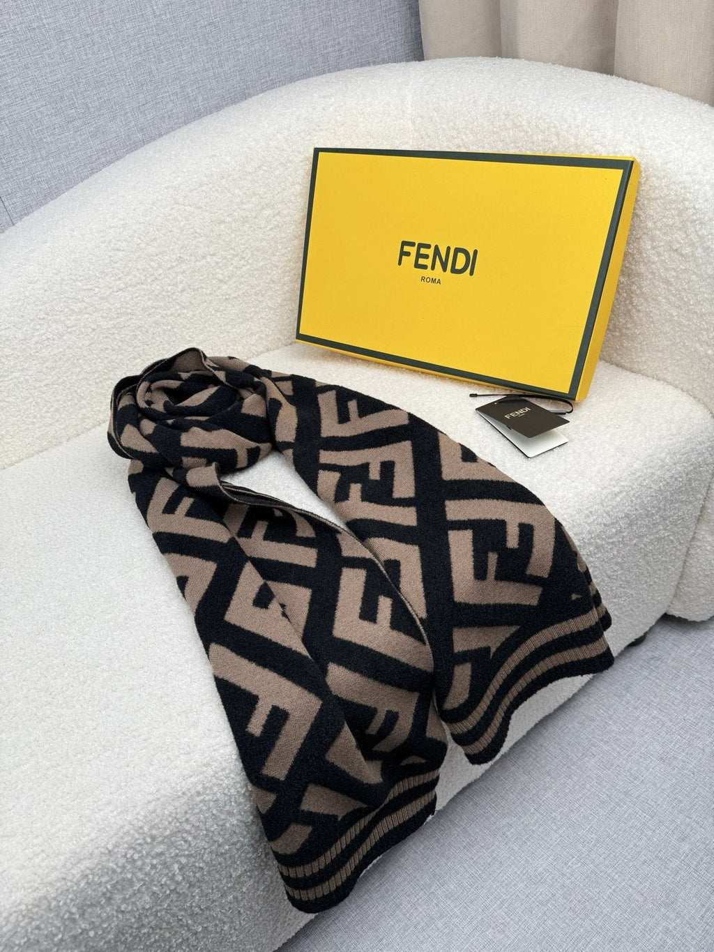 Fendi Black and Tan Monogram Knit Scarf — side