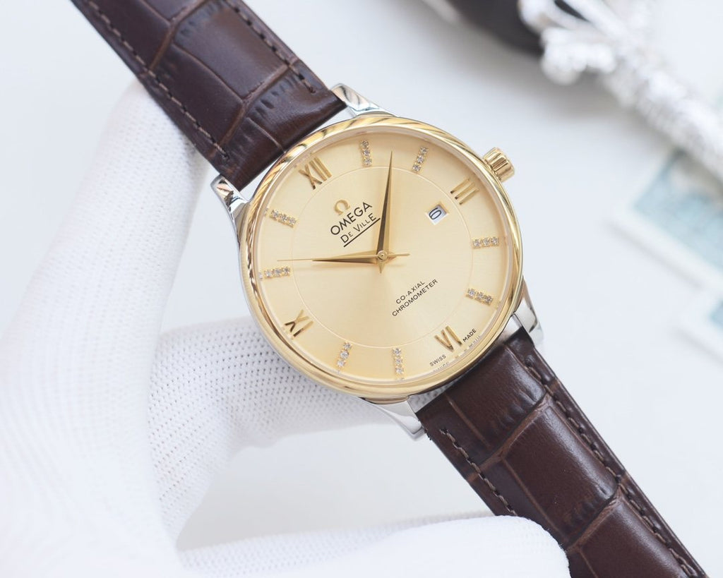 OMEGA Gold Brown Leather Strap Watch — hero