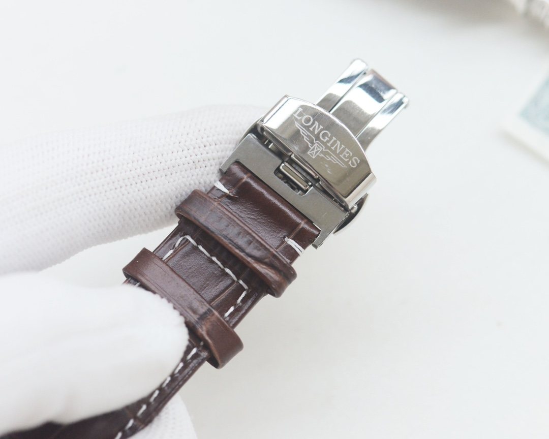 Longines Brown Silver White Dial Leather Strap Watch — detail