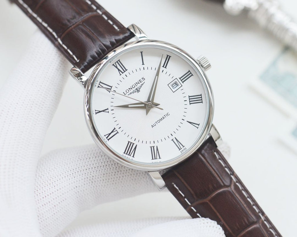 Longines Brown Silver White Dial Leather Strap Watch — hero