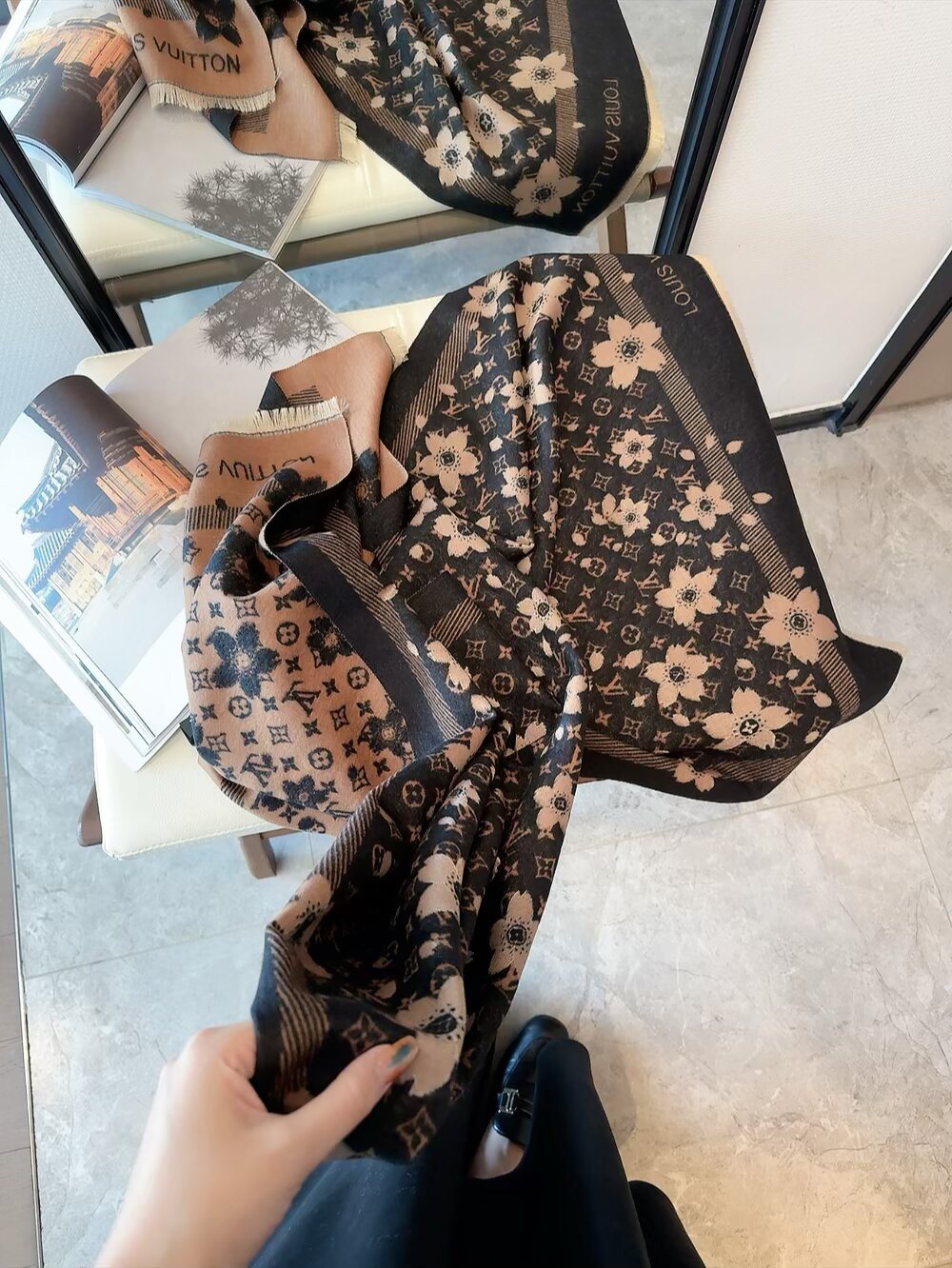 Louis Vuitton Floral Monogram Fringe Scarf — front