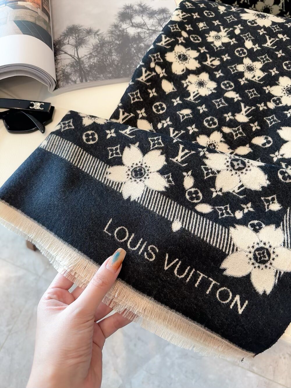Louis Vuitton Floral Monogram Fringe Scarf — label