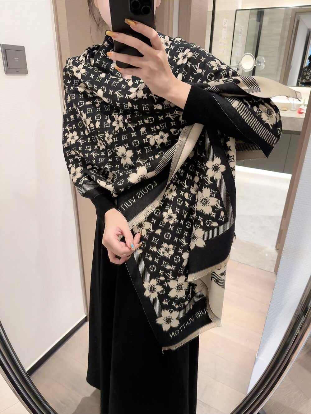 Louis Vuitton Floral Monogram Fringe Scarf — model