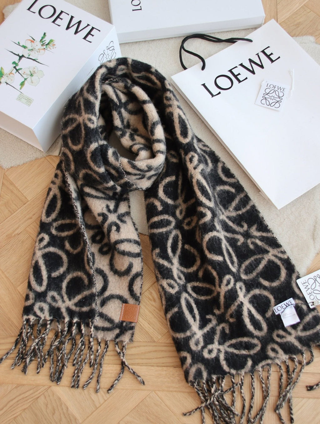 Loewe Black & Tan Motif Fringe Scarf — hero