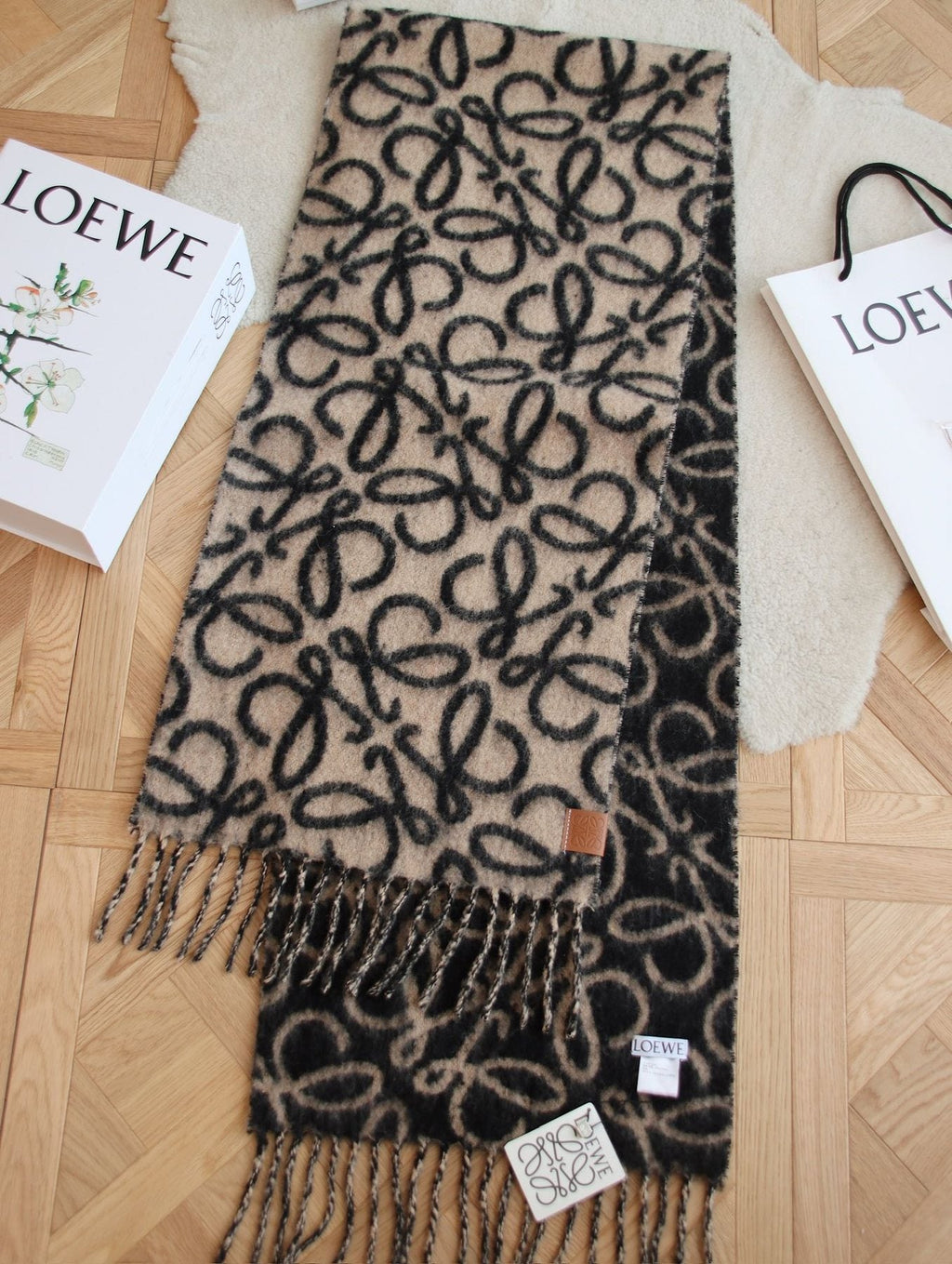Loewe Beige and Black Patterned Fringe Scarf — front
