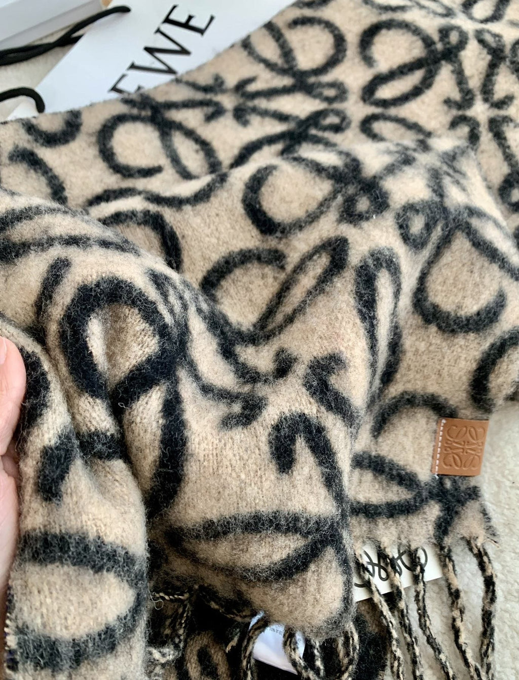 Loewe Black & Tan Motif Fringe Scarf — detail