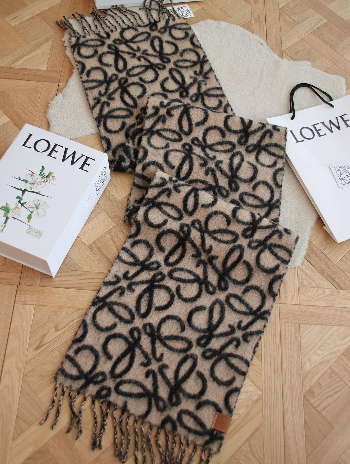 Loewe Beige and Black Patterned Fringe Scarf — hero