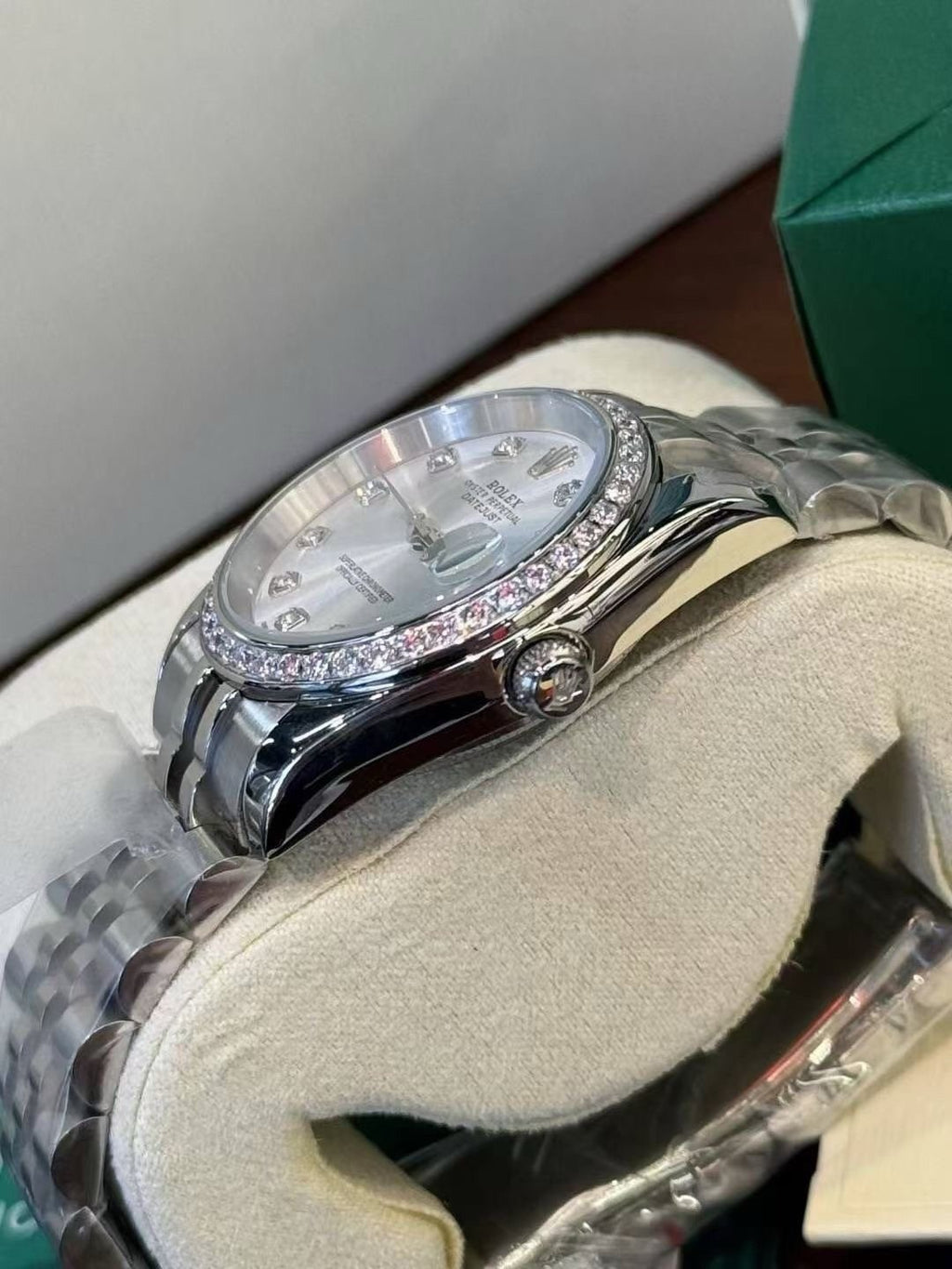 Rolex Pale Iridescent Dial Metal Bracelet Watch — side