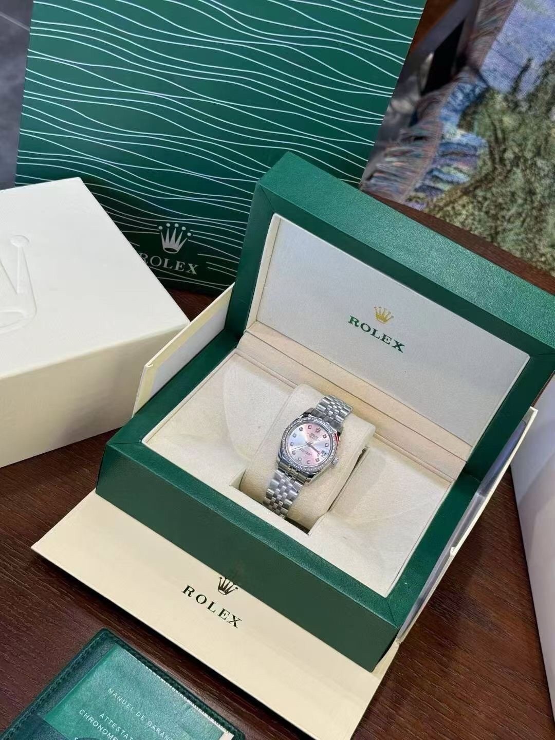 Rolex Pale Iridescent Dial Metal Bracelet Watch — front