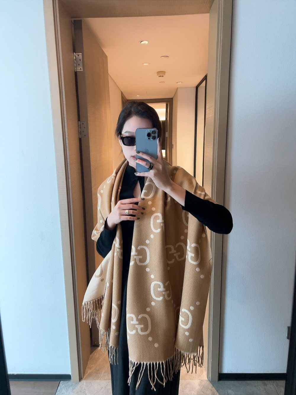 Gucci Camel Brown and Ivory Fringed Scarf — model