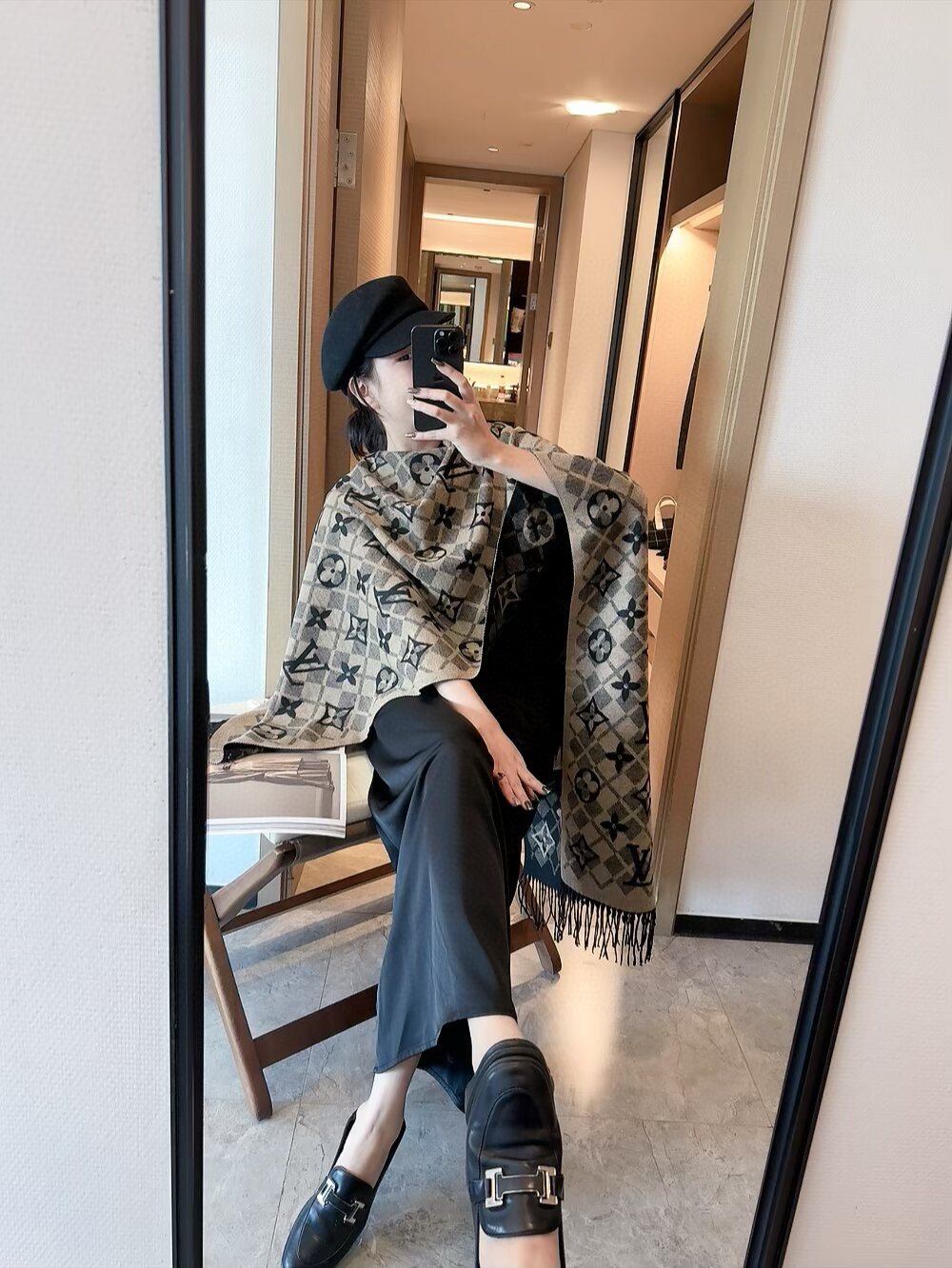 Louis Vuitton Fringed Monogram Scarf — model