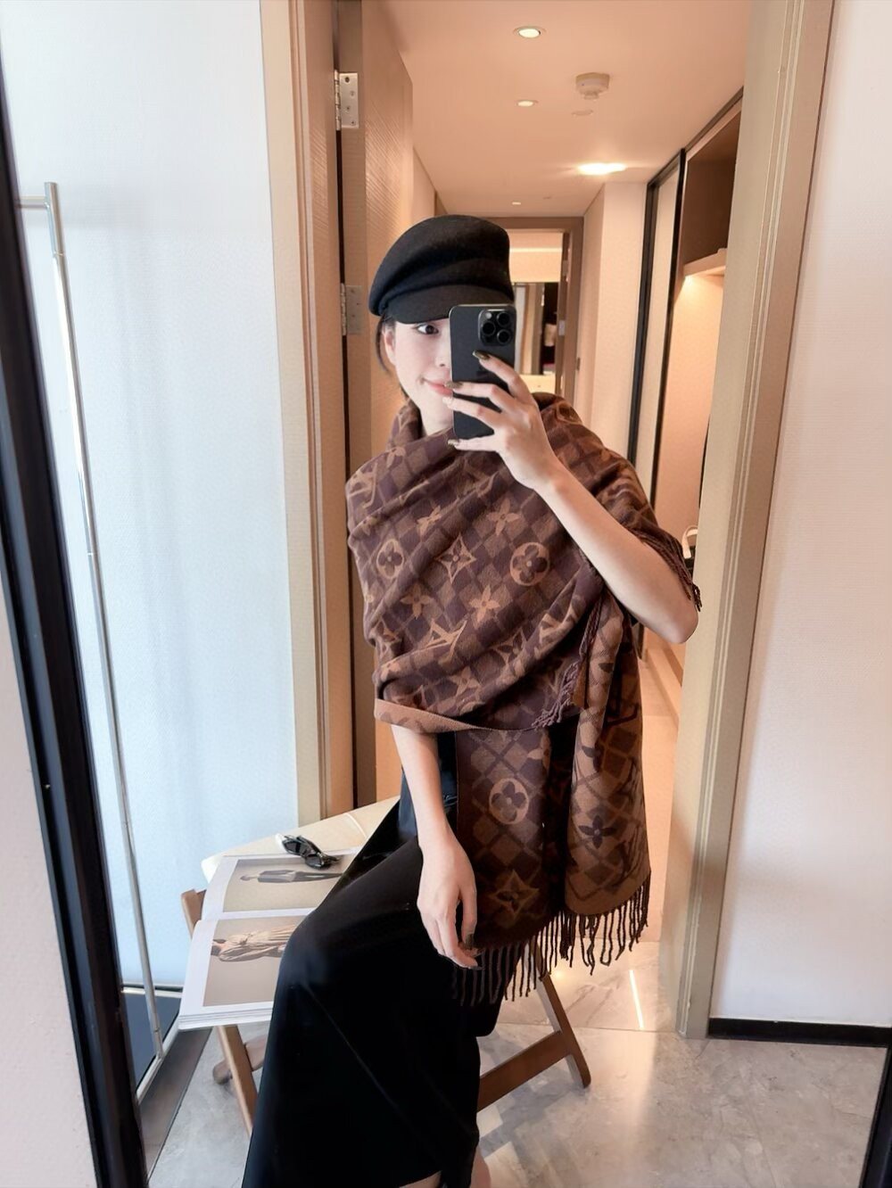 Louis Vuitton Fringed Monogram Scarf — model