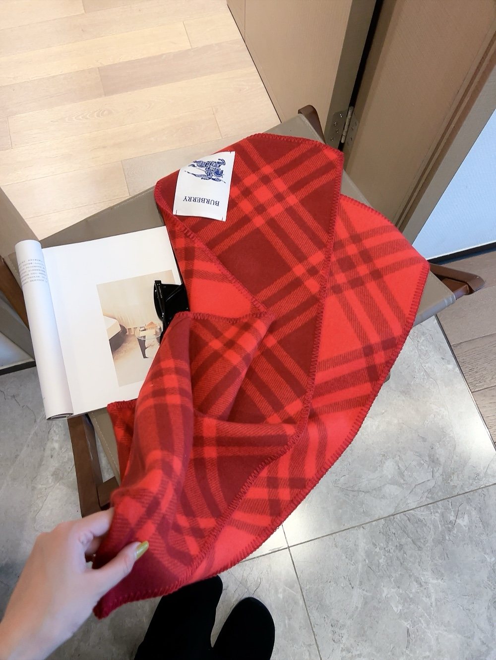 Burberry Red Plaid Hooded Scarf Shawl — hero