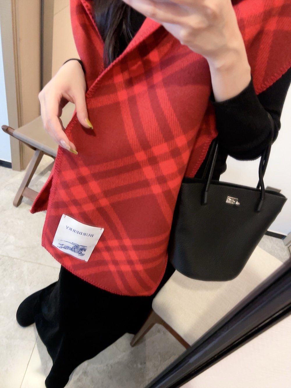 Burberry Red Plaid Hooded Scarf Shawl — detail