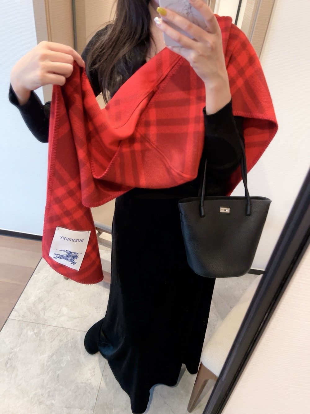 Burberry Red Plaid Hooded Scarf Shawl — model