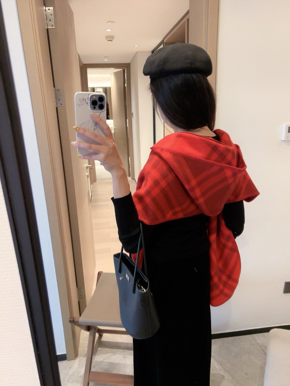 Burberry Red Check Hooded Scarf Shawl — model