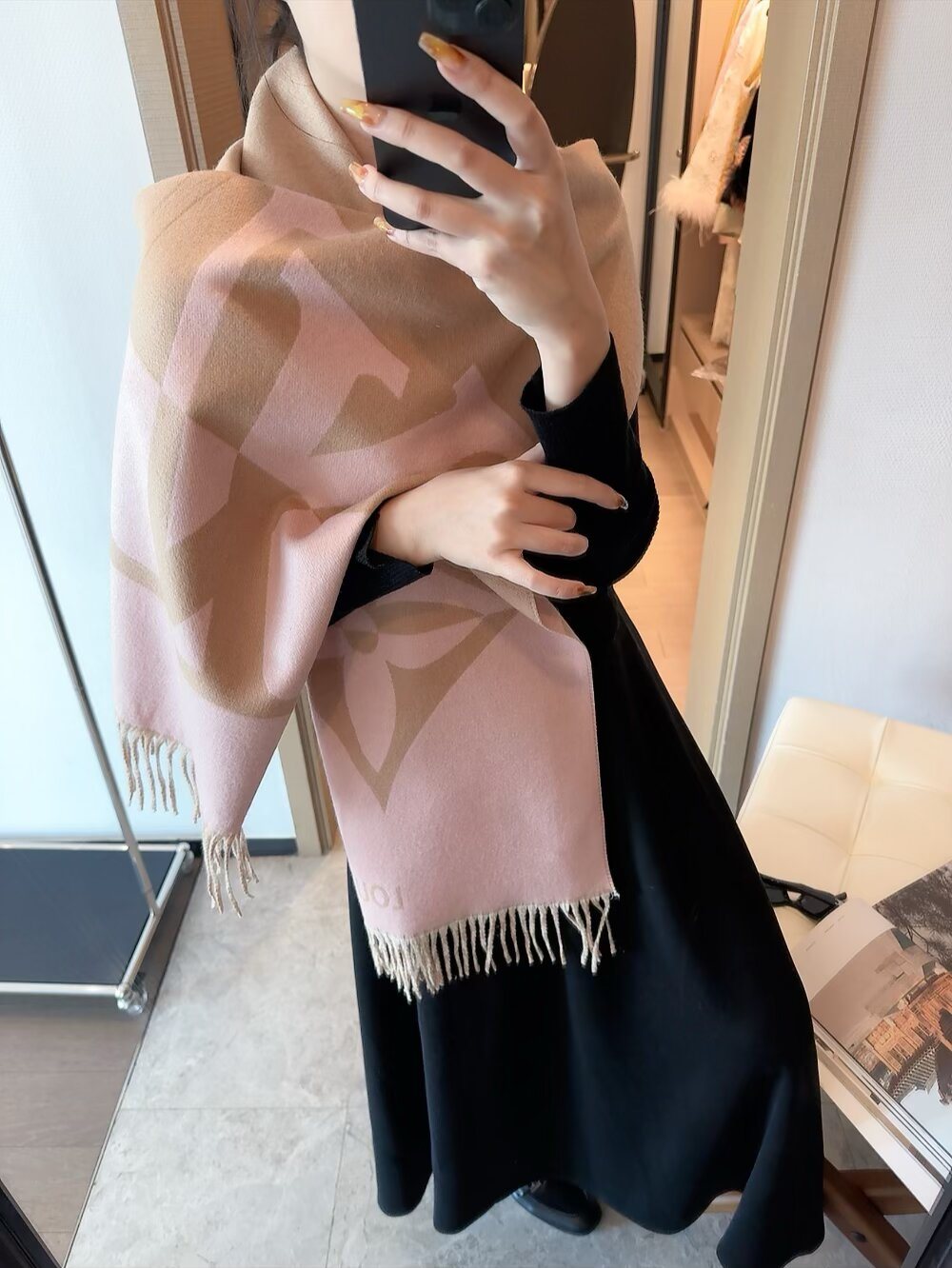 Louis Vuitton Dusty Pink Monogram Fringed Scarf — model