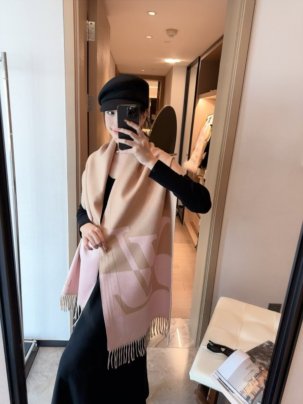 Louis Vuitton Dusty Pink Monogram Fringed Scarf — model