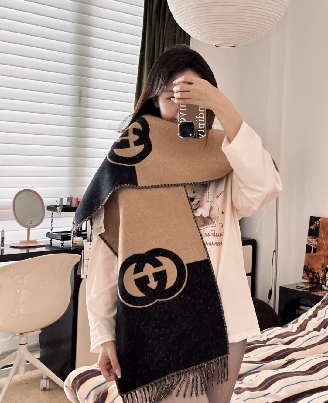 Gucci Black and Beige Fringe Scarf — model