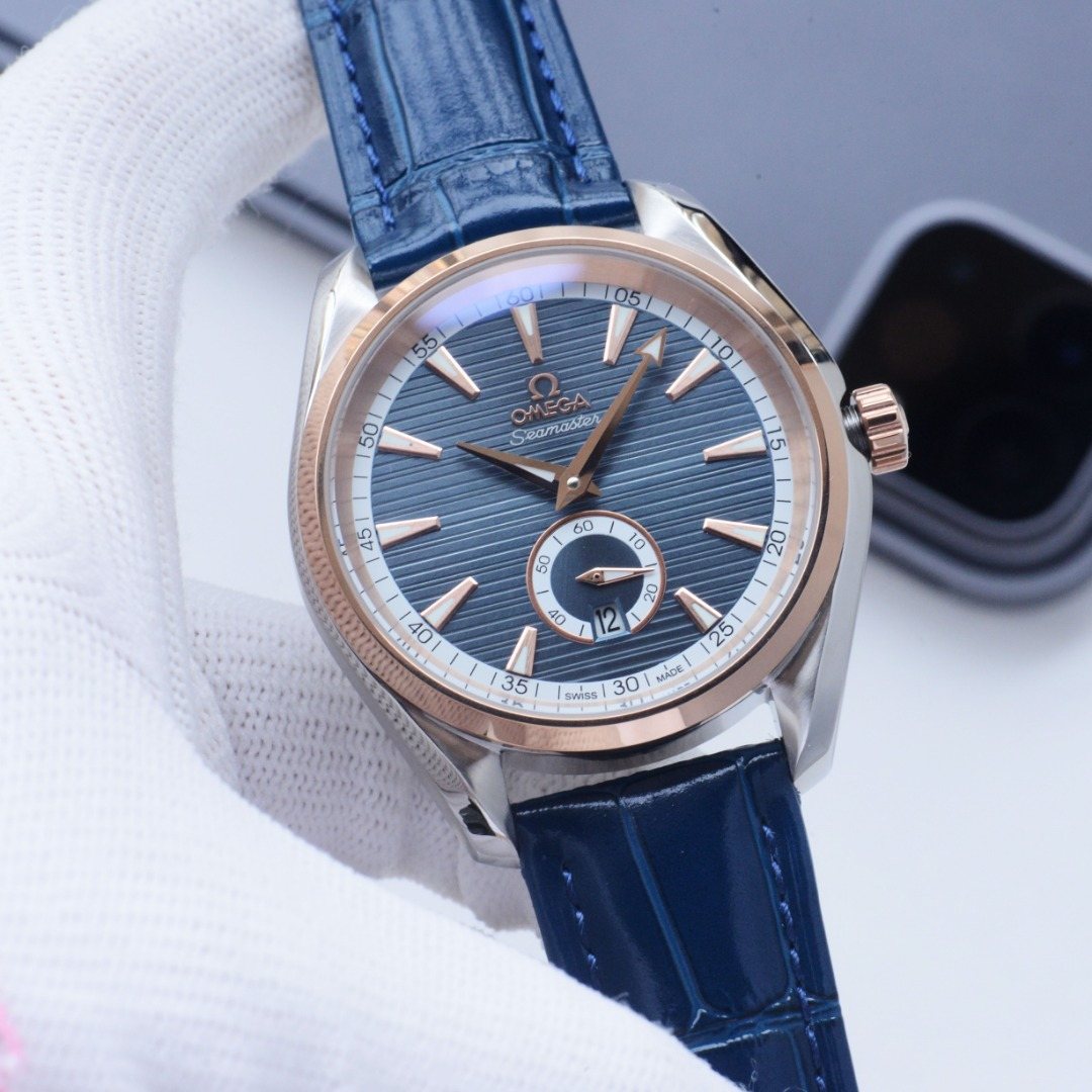 Omega Rose Gold Blue Dial Leather Strap Watch — hero