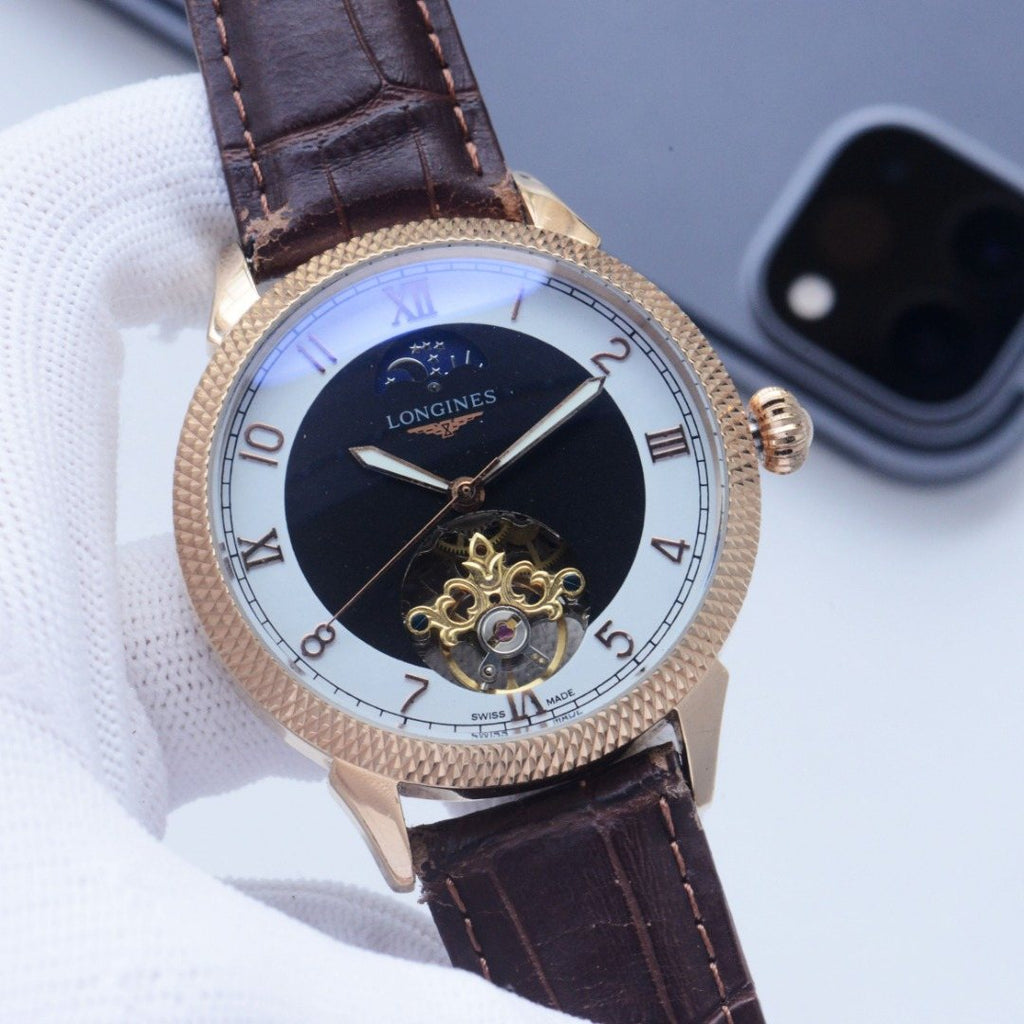 Longines Gold Black White Dial Strap Watch — front