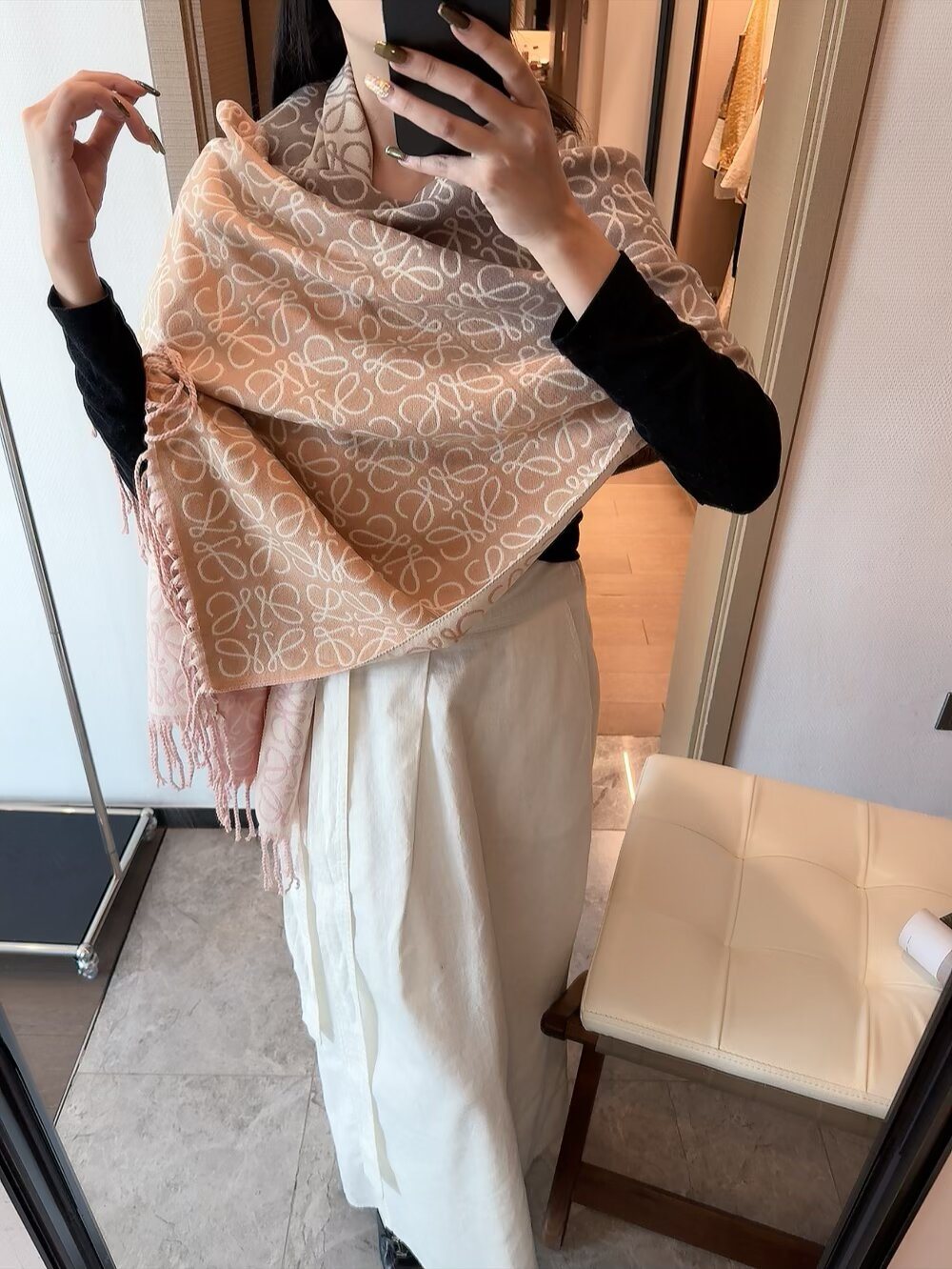 Loewe Fringed Interlocking Motif Scarf — model